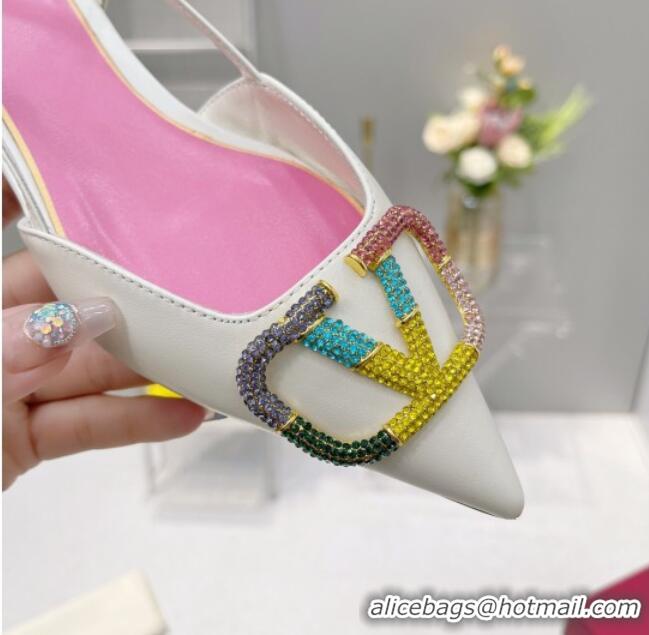 Good Looking Valentino VLogo Signature Calfskin Slingback Flat Ballerina with Multicolor Crystal 103075