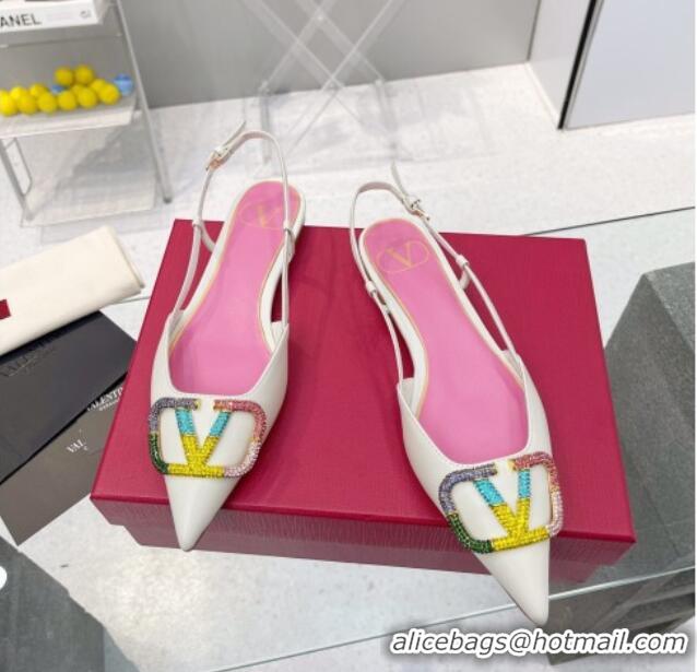 Good Looking Valentino VLogo Signature Calfskin Slingback Flat Ballerina with Multicolor Crystal 103075