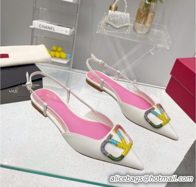 Good Looking Valentino VLogo Signature Calfskin Slingback Flat Ballerina with Multicolor Crystal 103075