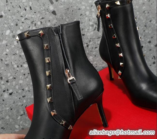 Stylish Valentino Rockstud Calfskin High Heel Ankle Boots 8cm Black 1128469