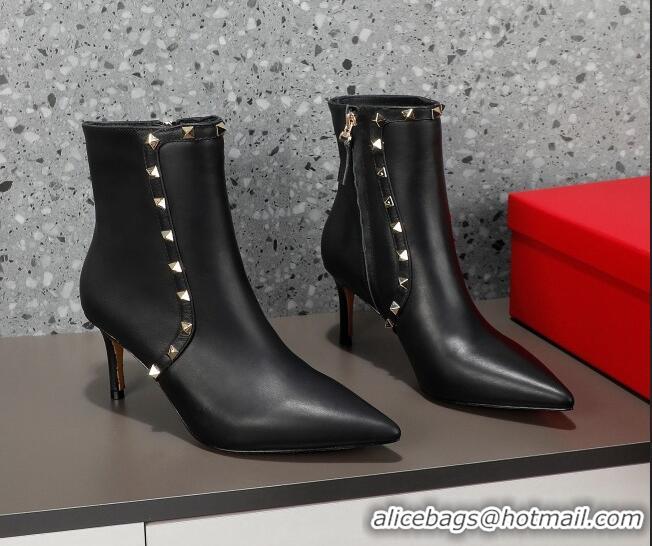 Stylish Valentino Rockstud Calfskin High Heel Ankle Boots 8cm Black 1128469