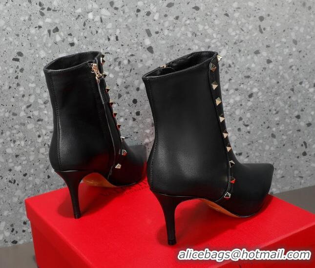 Stylish Valentino Rockstud Calfskin High Heel Ankle Boots 8cm Black 1128469