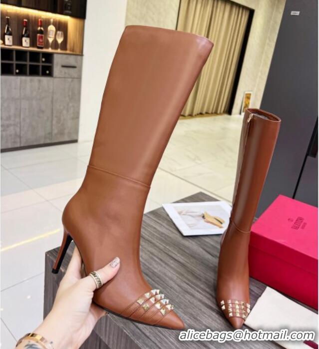 Good Quality Valentino Rockstud Strap Calfskin High Heel Boots 8cm Brown 1128471