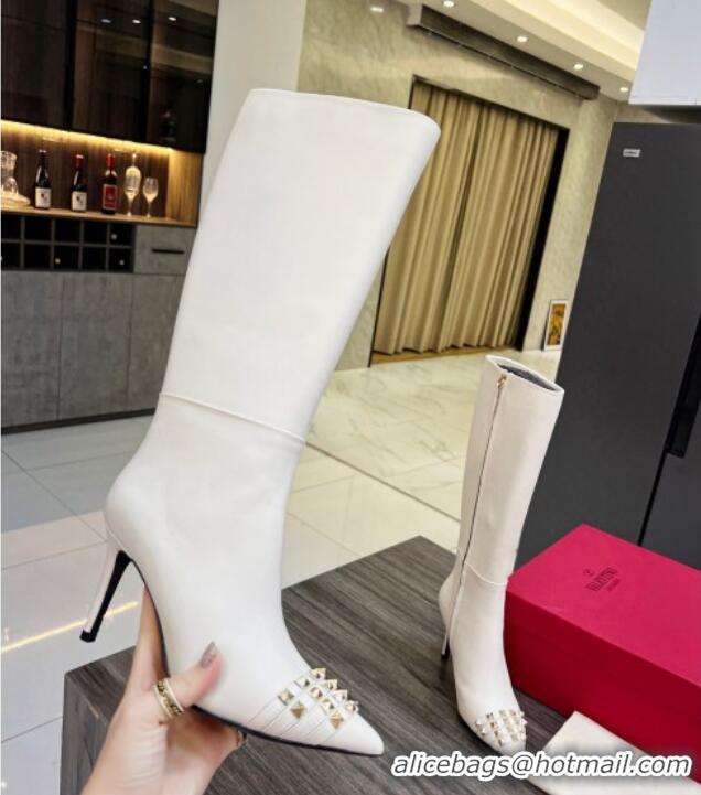 Pretty Style Valentino Rockstud Strap Calfskin High Heel Boots 8cm White 1128472