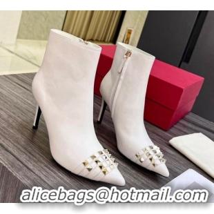 Best Grade Valentino Rockstud Strap Calfskin Heel Ankle Boots 8cm White 1128476