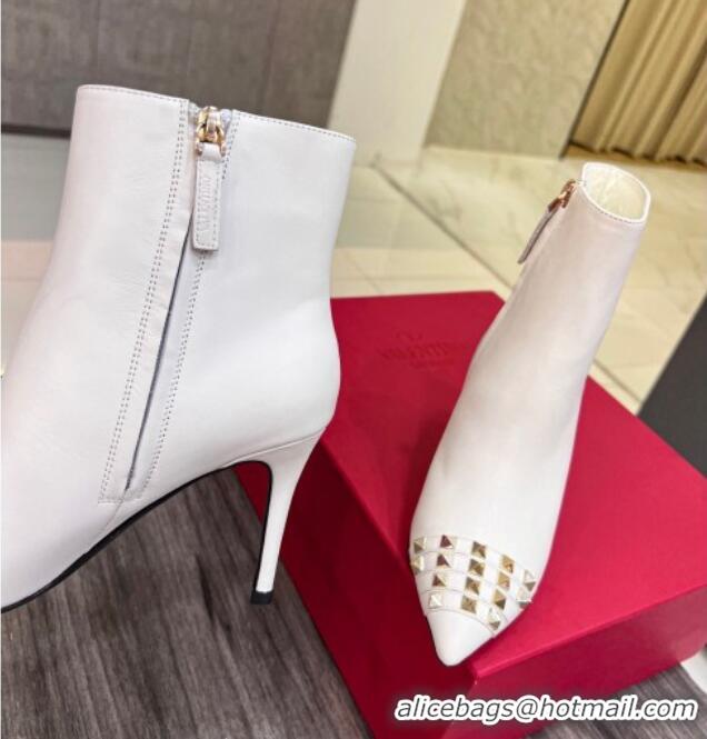 Best Grade Valentino Rockstud Strap Calfskin Heel Ankle Boots 8cm White 1128476