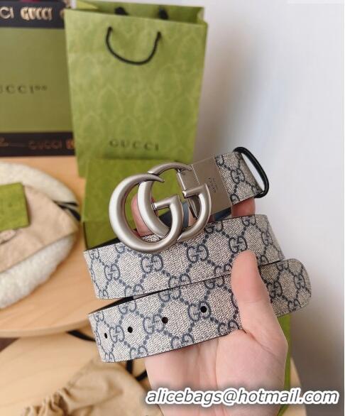 Top Quality Gucci GG Canvas Belt 3.7cm with GG Buckle 033072 Beige/Blue/Silver