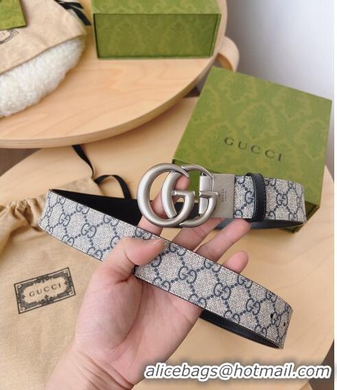 Top Quality Gucci GG Canvas Belt 3.7cm with GG Buckle 033072 Beige/Blue/Silver