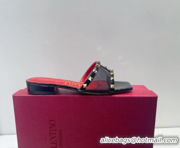 Best Price Valentino Roman Stud Patent Leather and Mesh Flat Slide Sandals Black/Gold 112901