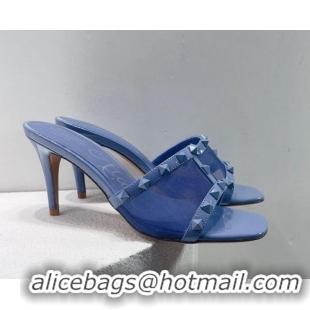 Shop Duplicate Valentino Roman Stud Patent Leather and Mesh Heel Slide Sandals 8cm All Blue 112902