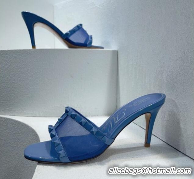 Shop Duplicate Valentino Roman Stud Patent Leather and Mesh Heel Slide Sandals 8cm All Blue 112902