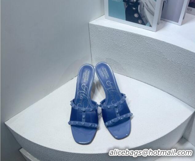 Shop Duplicate Valentino Roman Stud Patent Leather and Mesh Heel Slide Sandals 8cm All Blue 112902