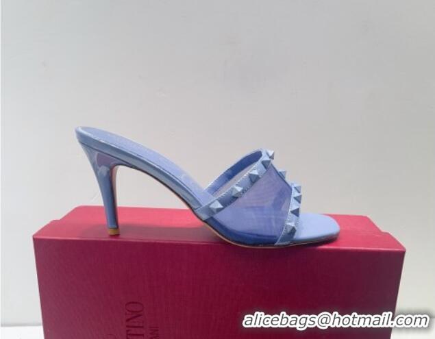 Shop Duplicate Valentino Roman Stud Patent Leather and Mesh Heel Slide Sandals 8cm All Blue 112902