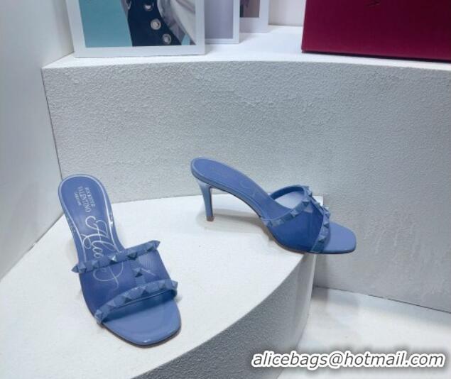 Shop Duplicate Valentino Roman Stud Patent Leather and Mesh Heel Slide Sandals 8cm All Blue 112902