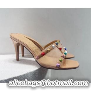 Most Popular Valentino Roman Stud Patent Leather and Mesh Heel Slide Sandals 8cm Beige/Multicolor 112903