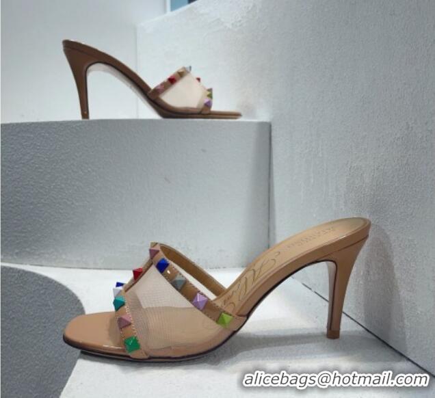 Most Popular Valentino Roman Stud Patent Leather and Mesh Heel Slide Sandals 8cm Beige/Multicolor 112903