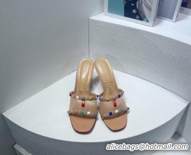 Most Popular Valentino Roman Stud Patent Leather and Mesh Heel Slide Sandals 8cm Beige/Multicolor 112903