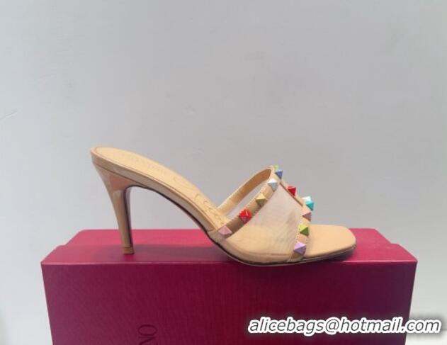 Most Popular Valentino Roman Stud Patent Leather and Mesh Heel Slide Sandals 8cm Beige/Multicolor 112903