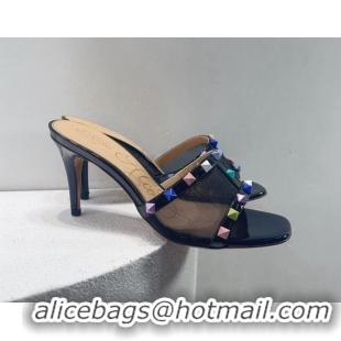 Good Product Valentino Roman Stud Patent Leather and Mesh Heel Slide Sandals 8cm Black/Multicolor 112904