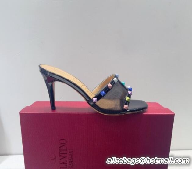 Good Product Valentino Roman Stud Patent Leather and Mesh Heel Slide Sandals 8cm Black/Multicolor 112904