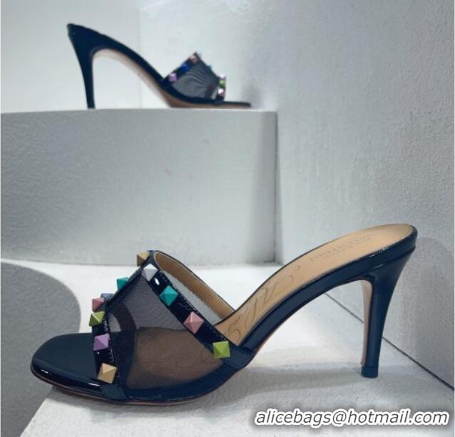 Good Product Valentino Roman Stud Patent Leather and Mesh Heel Slide Sandals 8cm Black/Multicolor 112904