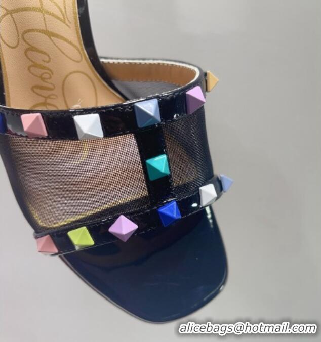 Good Product Valentino Roman Stud Patent Leather and Mesh Heel Slide Sandals 8cm Black/Multicolor 112904