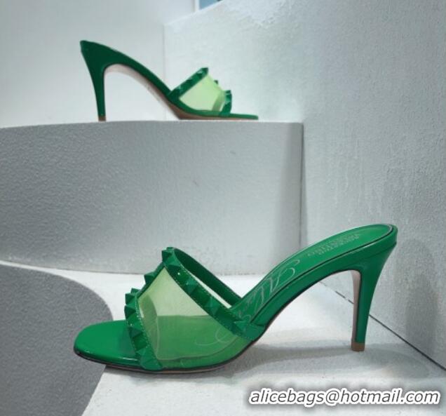 Unique Discount Valentino Roman Stud Patent Leather and Mesh Heel Slide Sandals 8cm All Green 112905