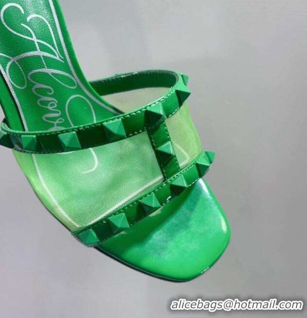 Unique Discount Valentino Roman Stud Patent Leather and Mesh Heel Slide Sandals 8cm All Green 112905