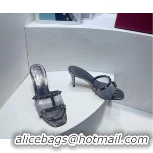 Duplicate Valentino Roman Stud Patent Leather and Mesh Heel Slide Sandals 8cm Silver Grey 112906