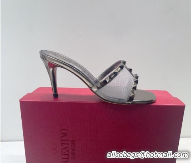 Duplicate Valentino Roman Stud Patent Leather and Mesh Heel Slide Sandals 8cm Silver Grey 112906