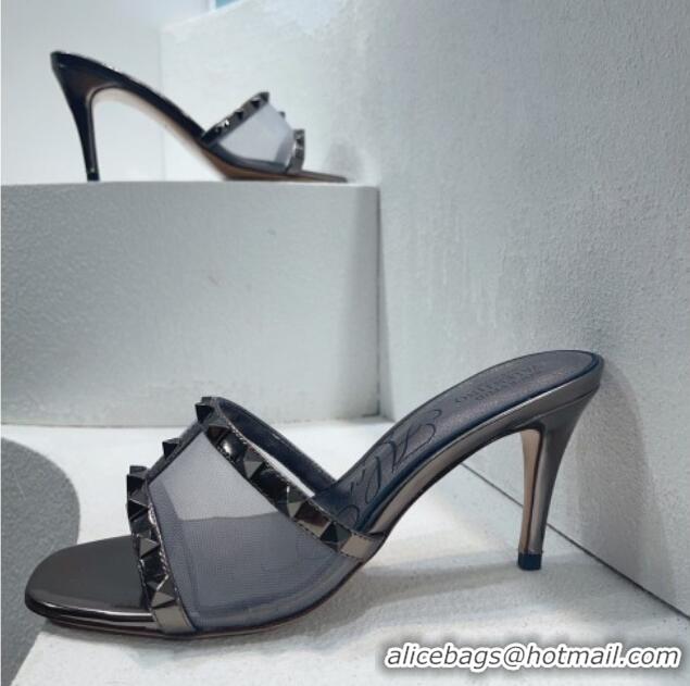 Duplicate Valentino Roman Stud Patent Leather and Mesh Heel Slide Sandals 8cm Silver Grey 112906