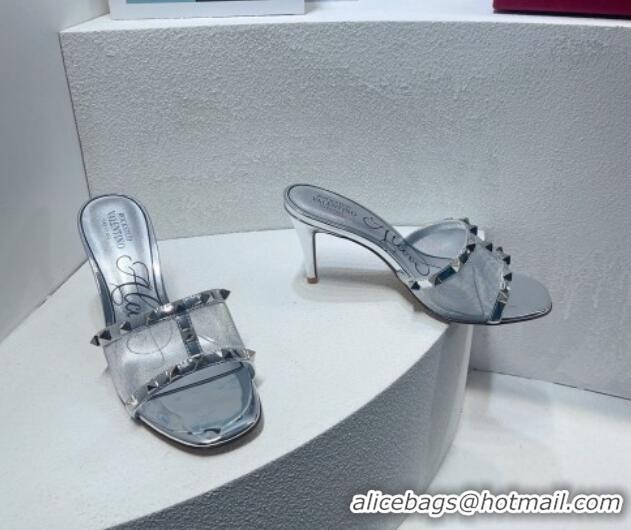 Good Looking Valentino Roman Stud Patent Leather and Mesh Heel Slide Sandals 8cm Bright Silver 2112907