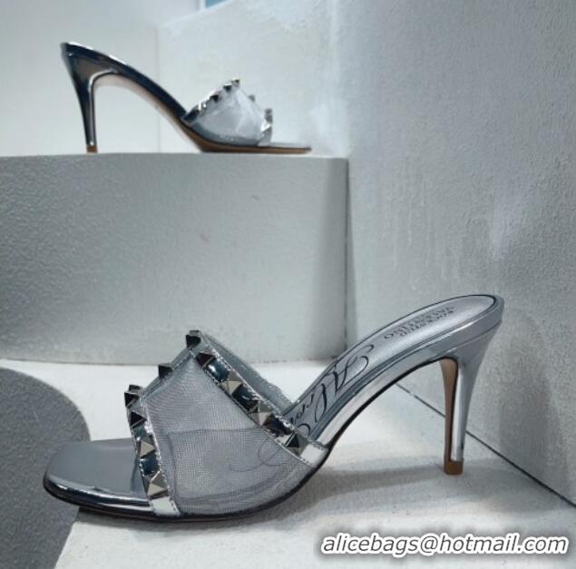 Good Looking Valentino Roman Stud Patent Leather and Mesh Heel Slide Sandals 8cm Bright Silver 2112907