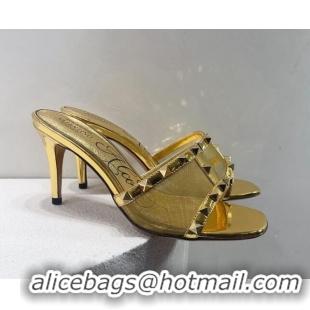 Good Quality Valentino Roman Stud Patent Leather and Mesh Heel Slide Sandals 8cm Gold 112908