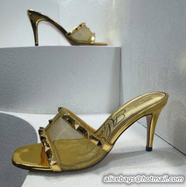 Good Quality Valentino Roman Stud Patent Leather and Mesh Heel Slide Sandals 8cm Gold 112908