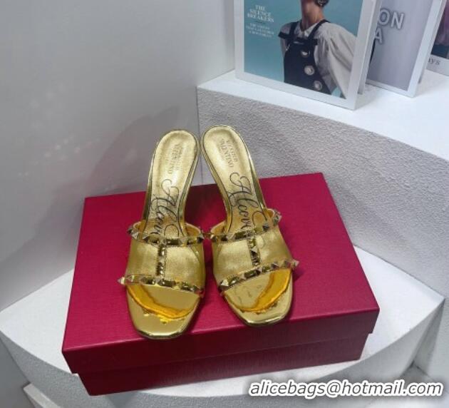 Good Quality Valentino Roman Stud Patent Leather and Mesh Heel Slide Sandals 8cm Gold 112908