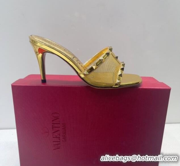 Good Quality Valentino Roman Stud Patent Leather and Mesh Heel Slide Sandals 8cm Gold 112908