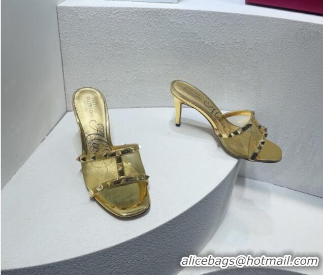 Good Quality Valentino Roman Stud Patent Leather and Mesh Heel Slide Sandals 8cm Gold 112908