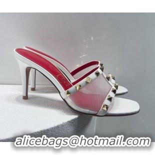 Top Design Valentino Roman Stud Patent Leather and Mesh Heel Slide Sandals 8cm White 112909