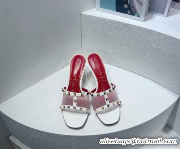 Top Design Valentino Roman Stud Patent Leather and Mesh Heel Slide Sandals 8cm White 112909