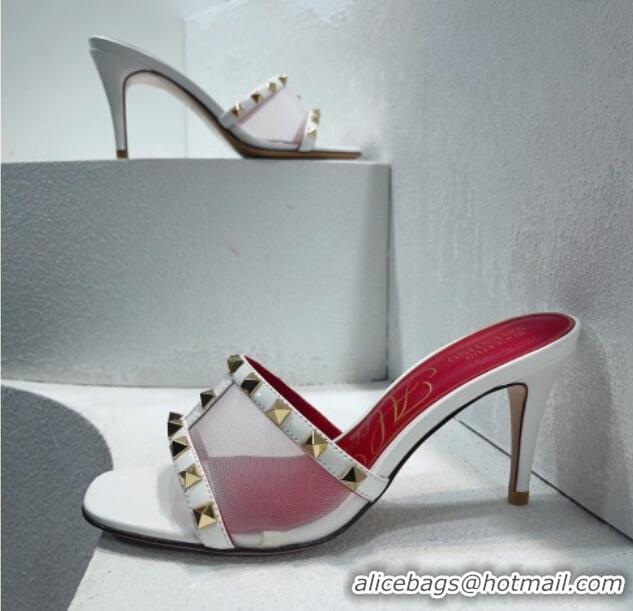 Top Design Valentino Roman Stud Patent Leather and Mesh Heel Slide Sandals 8cm White 112909