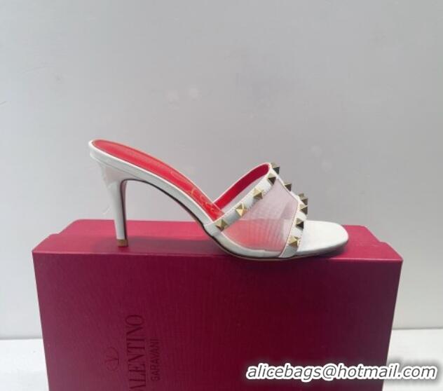 Top Design Valentino Roman Stud Patent Leather and Mesh Heel Slide Sandals 8cm White 112909