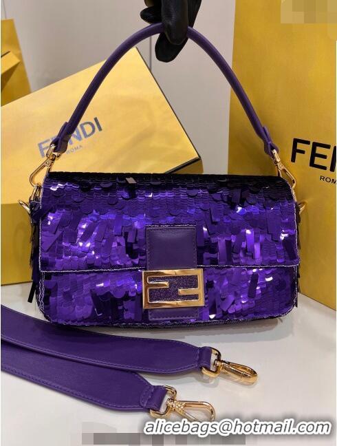 Famous Brand Fendi Baguette Medium Bag in 8601 Violet Purple Sequins 2023