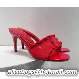 Good Quality Valentino Roman Stud Patent Leather and Mesh Heel Slide Sandals 8cm Red 112910