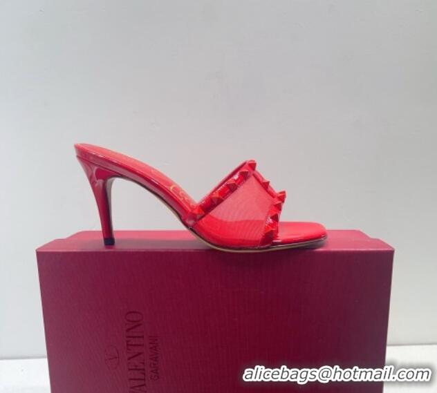 Good Quality Valentino Roman Stud Patent Leather and Mesh Heel Slide Sandals 8cm Red 112910