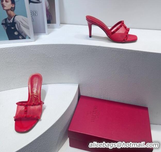 Good Quality Valentino Roman Stud Patent Leather and Mesh Heel Slide Sandals 8cm Red 112910