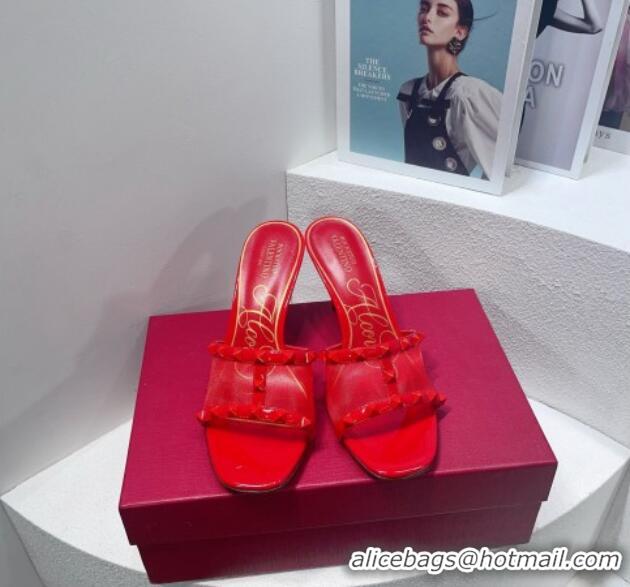 Good Quality Valentino Roman Stud Patent Leather and Mesh Heel Slide Sandals 8cm Red 112910