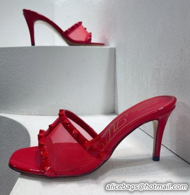 Good Quality Valentino Roman Stud Patent Leather and Mesh Heel Slide Sandals 8cm Red 112910