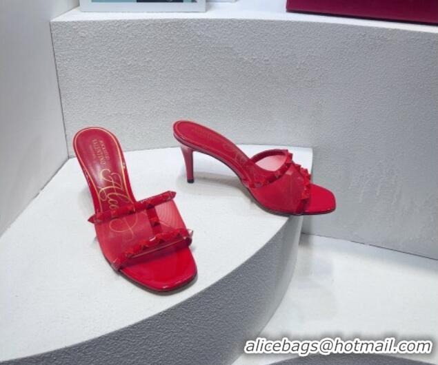 Good Quality Valentino Roman Stud Patent Leather and Mesh Heel Slide Sandals 8cm Red 112910