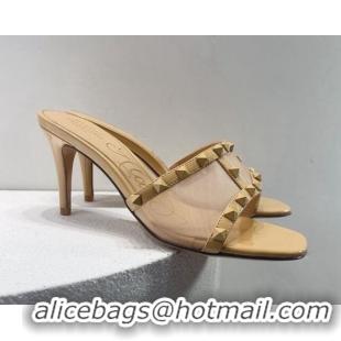 Charming Valentino Roman Stud Patent Leather and Mesh Heel Slide Sandals 8cm All Beige 112911